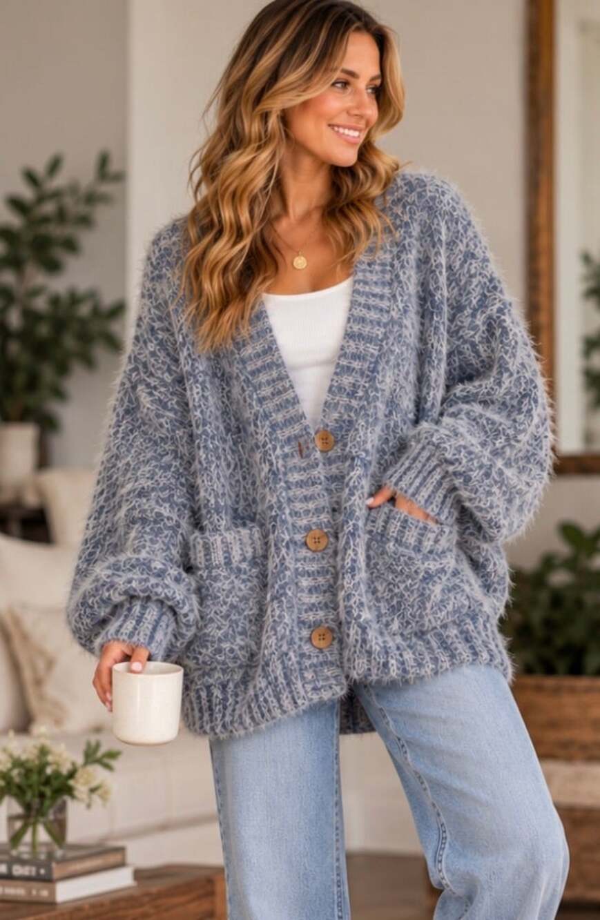 Rip Curl Blue Gray Fuzzy Oversized Chunky Knit Cardigan Sweater Size L